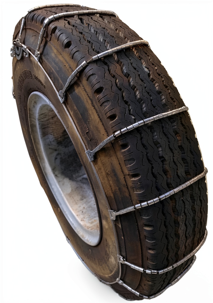 Heavy duty truck snow chains on a commercial truck
