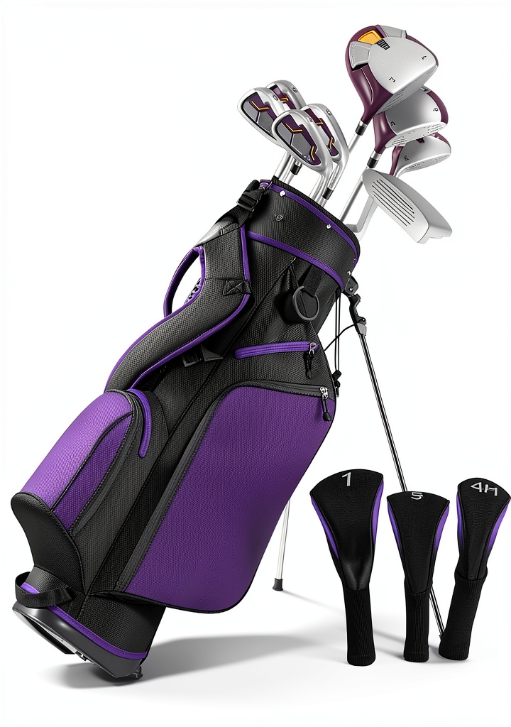 Female golfer using BODIOO silver purple set on a sunny course